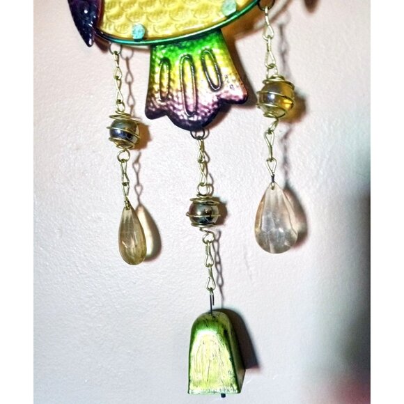 Metal Owl Wind Chime Bell Colorful Glass Accent Hanging Hook Outdoor Decor 21 In - Picture 5 of 16